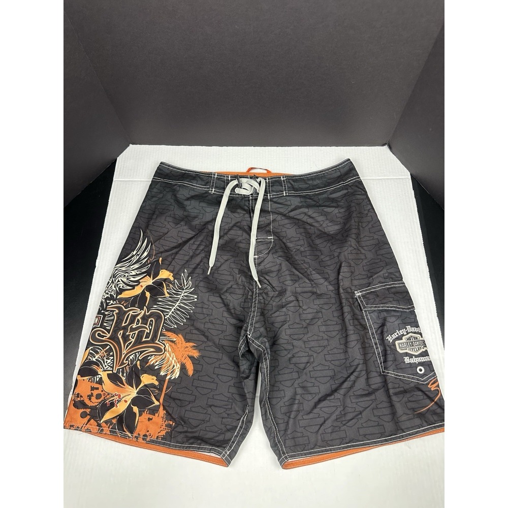 Harley Davidson Board Shorts Mens 36 Black Bahamas Motorcycle Swim Trunks AOP